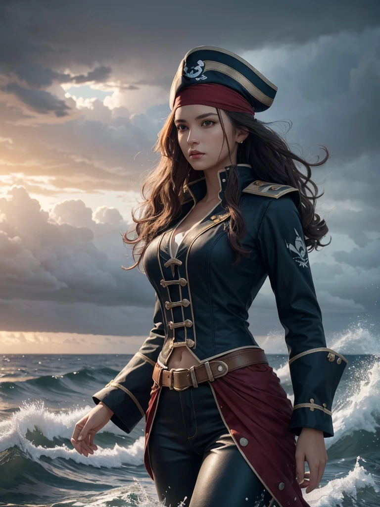 (masterpiece, best quality, The award-winning, High resolution), 1 beautiful female pirate, Skinny, High, cap, Complex clothing, Complex and beautiful design, Very detailed beautiful face, curls, detailed flowing hair, standing at helm on Corsair, Corsair, storm, rain, stormy sea, Detailed background, Water splash, Extremely detailed CG, Super detailed