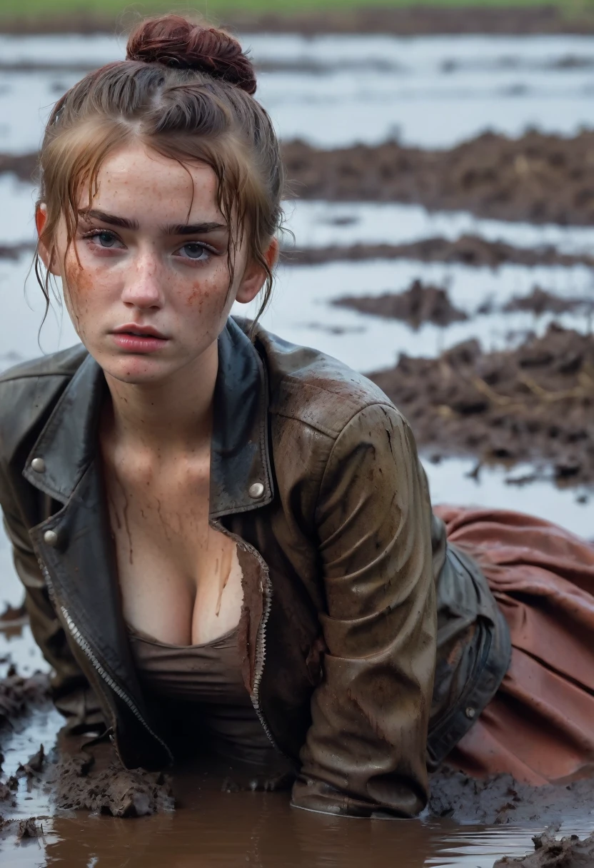 Ultra sharp, ultra-detailed, 4K, teenage girl, muddy, drowns in a bog. freckles, lifeless expression, victim, pencil skirt, stockings and faded leather jacket, Hair is tucked into a messy loose bun, intimate moment:1.2