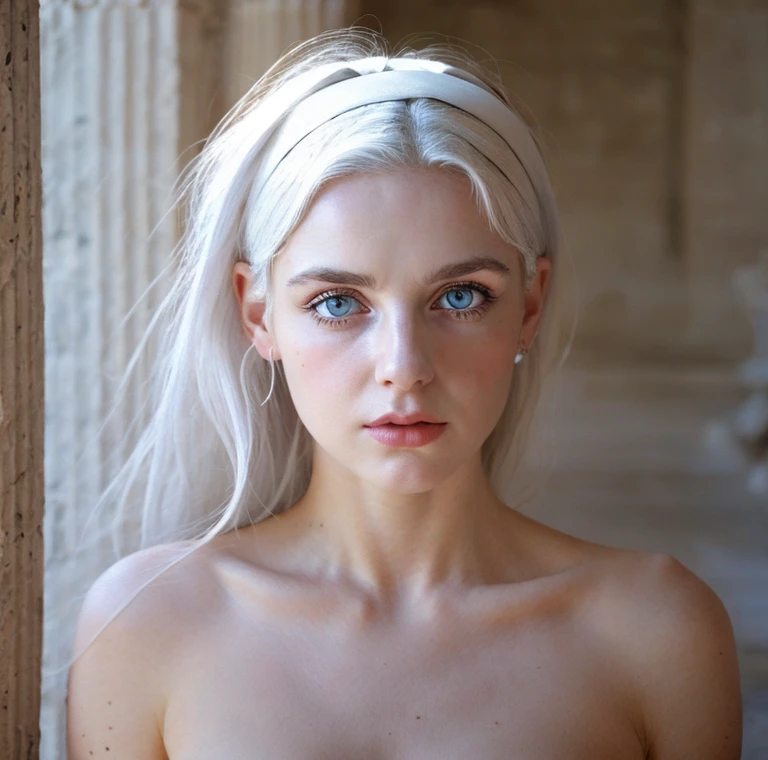 Beautiful girl, blue eyes, white hair, detailed facial traits, white ancient female greek dress, ancient greek constructions behind, naked breasts