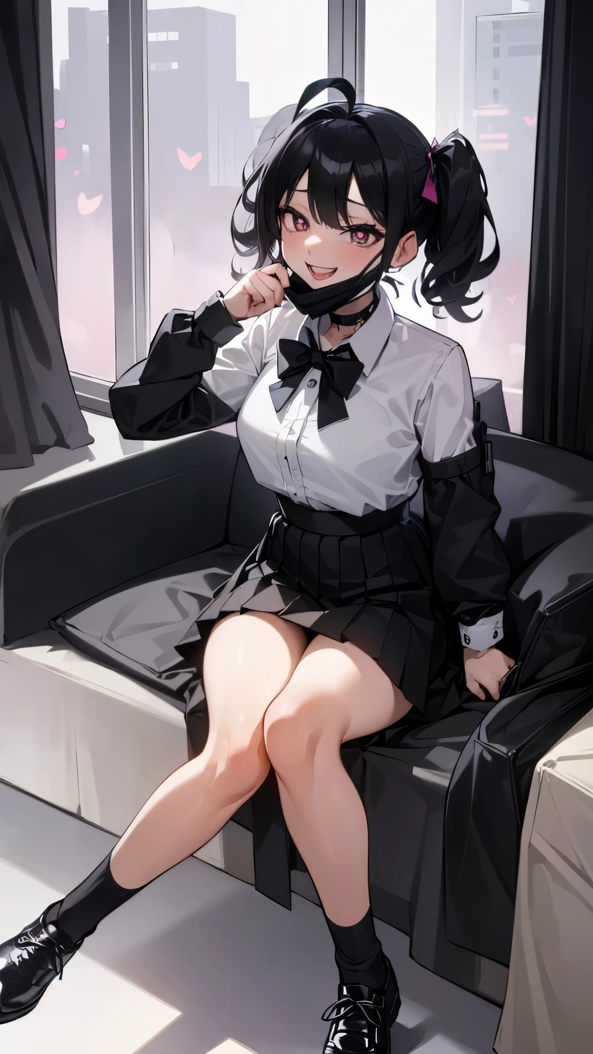 ((((Open your mouth))))、masterpiece,highest quality,High resolution,Very detailed,bb Festival,skinny,Ahoge,,((((( Captivating smile ))))),skinny,Hair between the eyes,Black choker,Earrings,black Pleated skirt、White shirt,Short sleeve,High School Girls Uniforms,(((( Perfect Fingers )))) , black panty house、shoes,(black shoes:1.4),shoes,Black footwear,indoor,(sexy bed:1.2),((Heart-shaped pupils:1.3, Blowjob Gestures:1.5))、Open your mouth ,Sitting, bed ,Heavy breathing ,Put your hand in front of your mouth,Put your hand in front of your mouth, manga,article,magazine、(night:1.8, Black Mask:1.2, Remove the mask:1.3, Dark Room:1.5, Dim lighting:1.5)、Sharp Eye、sexy color bedroom、 Futuristic room、Sexy Room