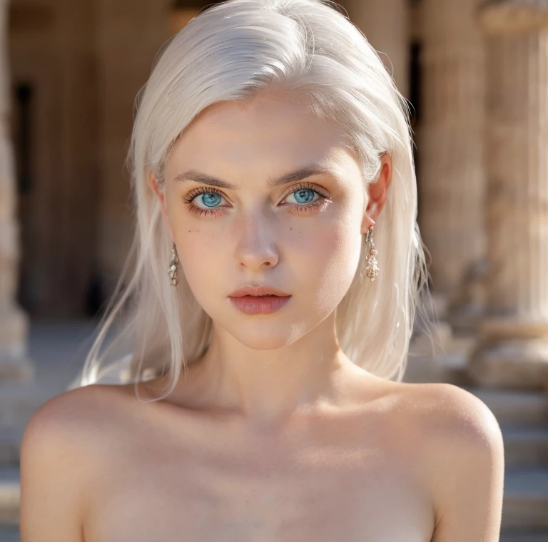 Beautiful girl, blue eyes, white hair, detailed facial traits, white ancient female greek dress, ancient greek constructions behind, naked breasts