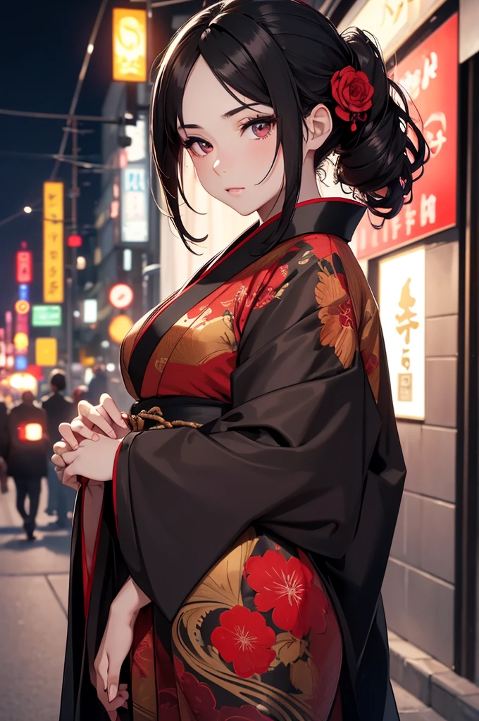 8K, Best Quality, Masterpiece, Ultra High Resolution, 1 Girl, Beautiful Eyes, Face Details, Jet Black Hair, Tied Up Hair, Reddish Brown Eyes, Slim Curvy, Black Kimono, Red Flower Pattern Kimono, Standing Outside at Night, Pale Skin, Masterpiece, Best Quality, Upper Body, Looking at the Viewer, Close Up