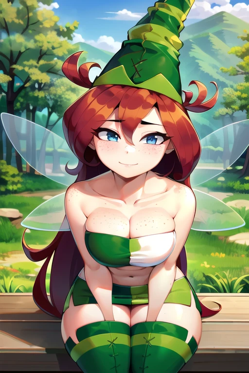 solo, 1girl, betilla, fairy, wings, light-skinned with freckles, long red hair, blue eyes, confident smile, pointed green hat, strapless green top, green mini skirt, green knee-high boots, landscape of a beautiful forest
