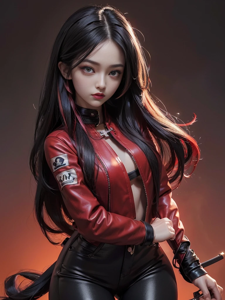 (best quality,4k,high resolution), Cool Girl、((Long straight black hair with red highlights、Red Jacket,Beautifully decorated、Umbilicus、Cross straps、Tight leather pants、))、Full body projection、Buttons、Battle scenes、Sharp eyes、glare、Red Eyeliner、Long eyelashes、Beautiful red eyes、Funny description、Kawaii illustration、Bustling background、