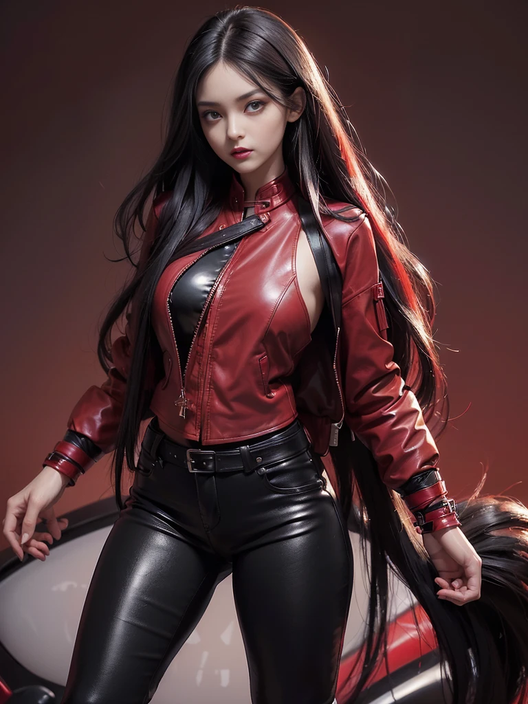 (best quality,4k,high resolution), Cool Girl、((Long straight black hair with red highlights、Red Jacket,Beautifully decorated、Umbilicus、Cross straps、Tight leather pants、))、Full body projection、Buttons、Battle scenes、Sharp eyes、glare、Red Eyeliner、Long eyelashes、Beautiful red eyes、Funny description、Kawaii illustration、Bustling background、