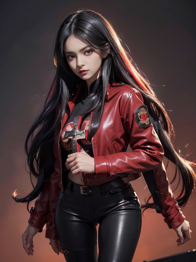 (best quality,4k,high resolution), Cool Girl、((Long straight black hair with red highlights、Red Jacket，Beautifully decorated、Umbilicus、Cross straps、Tight leather pants、))、Full body projection、Buttons、Battle scenes、Sharp eyes、glare、Red Eyeliner、Long eyelashes、Beautiful red eyes、Funny description、Kawaii illustration、Bustling background、