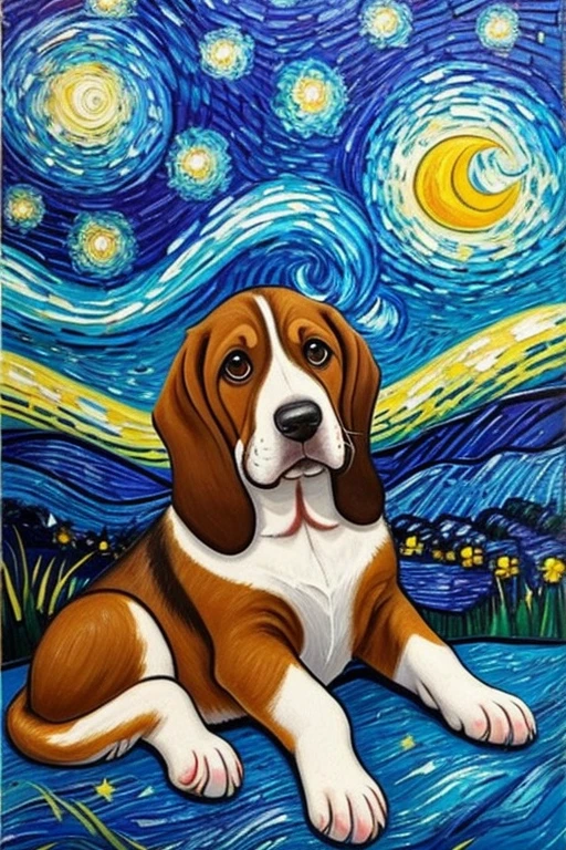 a painting of a basset hound dog portrait in the style of vincent van gogh the starry night, thick paint, big brushstrokes