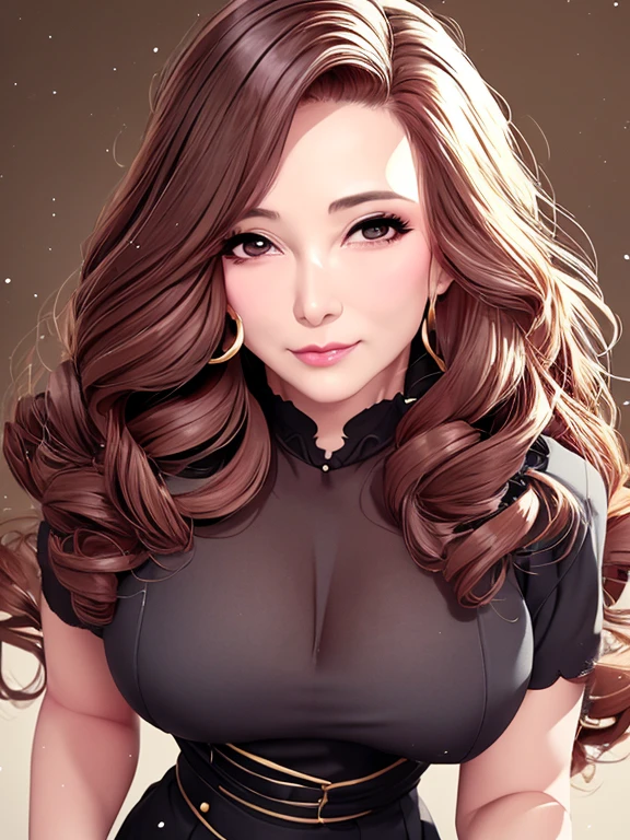 55 years old、Mature Woman、Sexy look、(Bust up shot from the front:1.4)、Beautiful face、Realistic facial wrinkles、Beautiful long hair、Curly Hair、