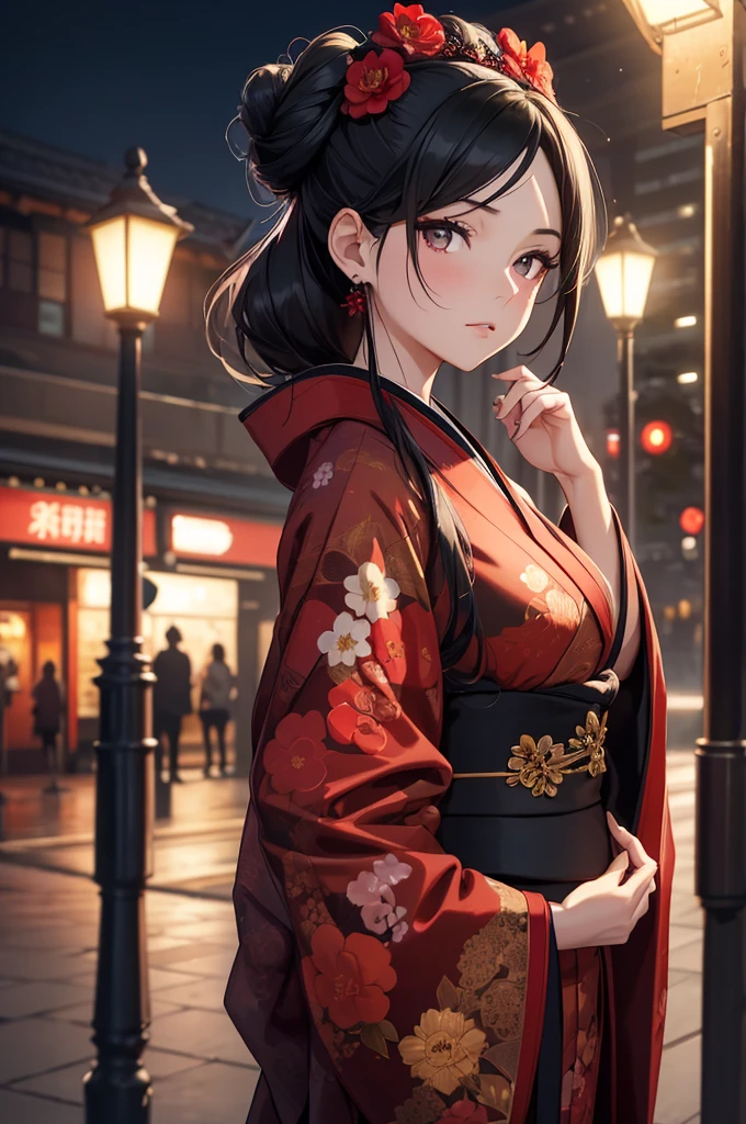8K, Best Quality, Masterpiece, Ultra High Resolution, 1 Girl, Beautiful Eyes, Face Details, Jet Black Hair, Tied Up Bun Hair, Reddish Brown Eyes, Slim Curvy, Black Kimono, Red Flower Pattern Kimono, Standing Outside at Night, Pale Skin, Masterpiece, Best Quality, Upper Body, Looking at the Viewer, Close Up