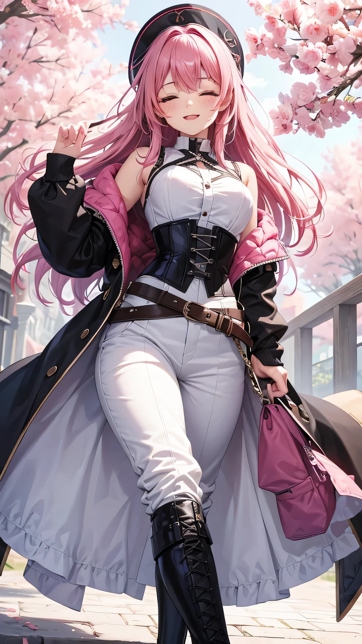A young 16 year old WOMAN with vibrant pink hair, vestida con un abrigo oscuro y una camisa blanca, with a corset and several belts, pantalones cortos negros y medias hasta el muslo, y botas marrones. The woman has her eyes closed and an expression of gratitude and happiness on her face, ropa muy corta y delgada, le agrada mostrar su cuerpo, chica empoderada.