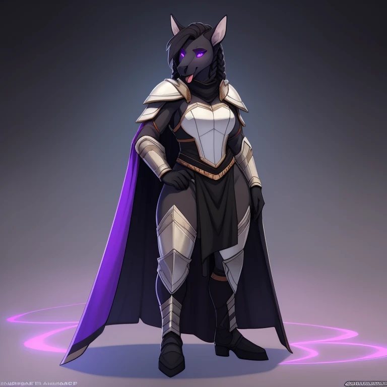 Athletic_horse female black_mane long_single_braid dark_gray_furry_body hypnotized with glowing purple eyes, tongue out, scarred_body heavy_plate_armor surcoat tabard solo Masterpiece best_quality absurdres highly_detailed cleanly_drawn_eyes anthro_only by_claweddrip, by_greasymojo, by_underscore-b, by_runawaystride