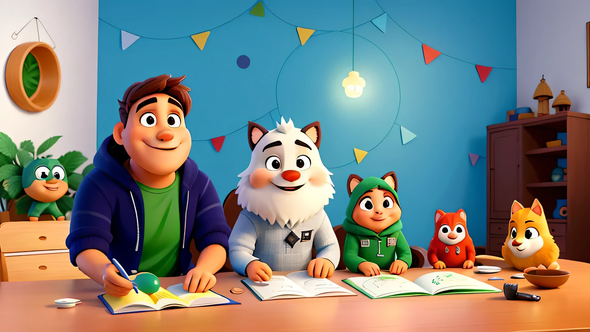 Descreva a cena de um mundo de desenhos animados, onde as letras se espalham e se tornam maiores, revelando detalhes intrigantes de linhas coloridas e formas animadas. Um dos desenhos animados, um porco-espinho roxo chamado Redwood, sentado sobre uma palavra, smiles with several easily recognizable expressions. As letras ao seu redor combinam-se magicaamente para formar cenas de aventuras, where the world of Redwood lives and intertwines. Outro desenho, um coelho branco sobrenat