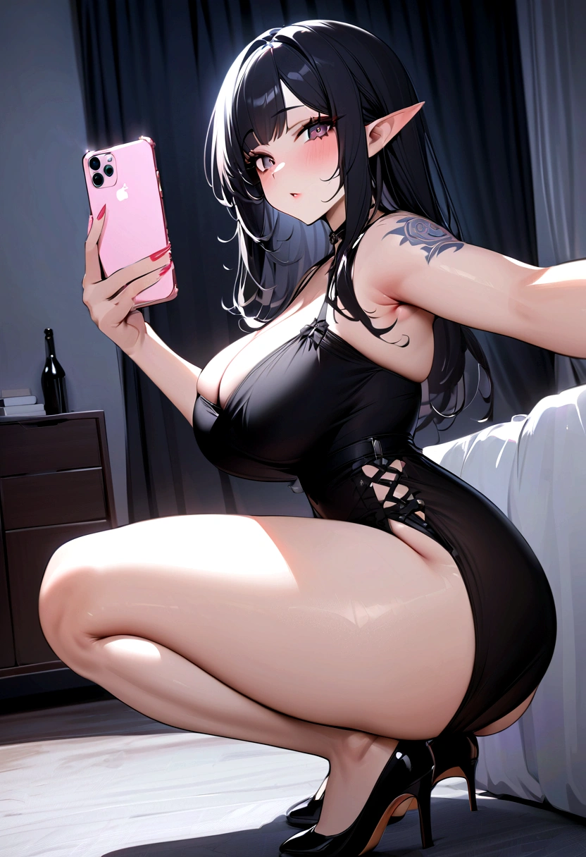 Masterpiece, absurdes, ultra detailed, 1girl, busty elf, black hair, tattoos, small waist, squatting, taking a selfie, high heels, black dress, thicc, bedroom, from side