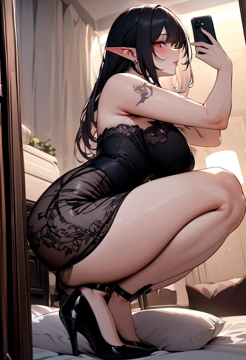 Masterpiece, absurdes, ultra detailed, 1girl, busty elf, black hair, tattoos, small waist, squatting, taking a selfie, high heels, black dress, thicc, bedroom, from side