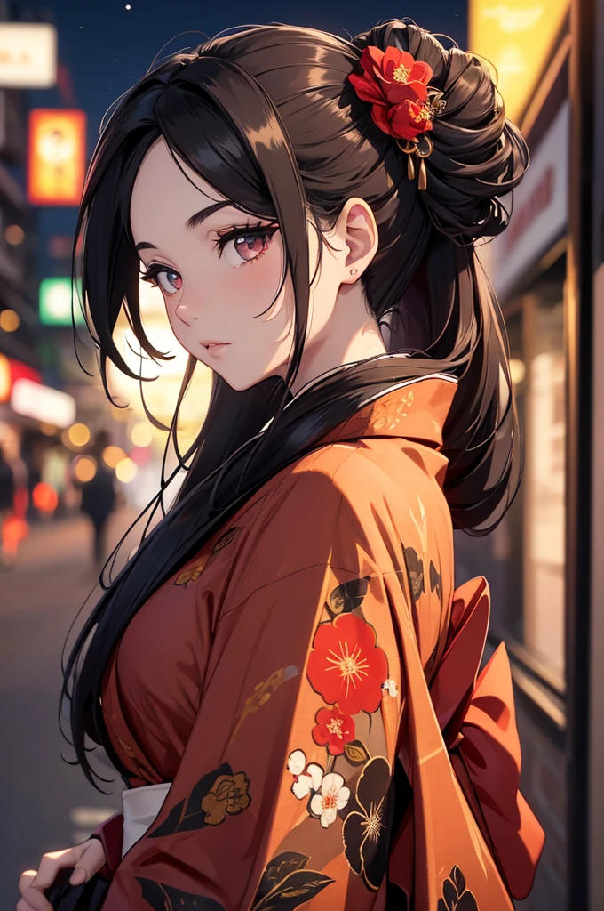 8K, Best Quality, Masterpiece, Ultra High Resolution, 1 Girl, Beautiful Eyes, Face Details, Jet Black Hair, Tied Up Bun Hair, Reddish Brown Eyes, Slim Curvy, Black Kimono, Red Flower Pattern Kimono, Standing Outside at Night, Pale Skin, Masterpiece, Best Quality, Upper Body, Looking at the Viewer, Close Up