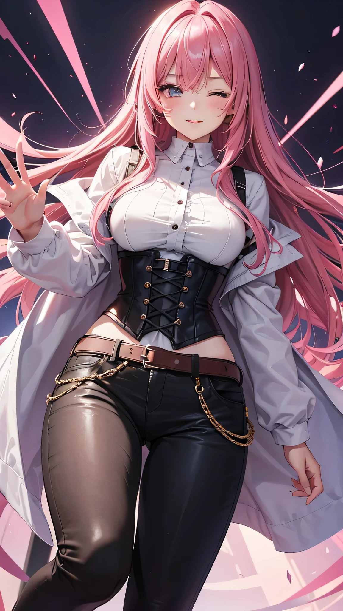 A young 16 year old WOMAN with vibrant pink hair, vestida con un abrigo oscuro y una camisa blanca, with a corset and several belts, pantalones cortos negros y medias hasta el muslo, y botas marrones. The woman has her eyes closed and an expression of gratitude and happiness on her face, ropa muy corta y delgada, le agrada mostrar su cuerpo, chica empoderada.