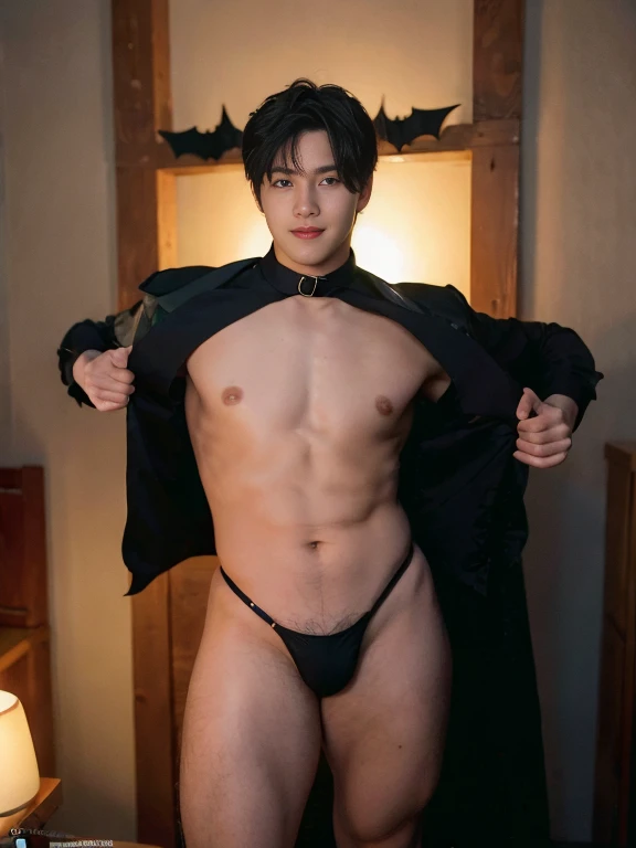 ((Men only)), (handsome man in his 20s), (batman), (Batman's appearance is characterized by sexy micro thong , adorned with a bat emblem), (Mischievous smile), HIG quality, beautidful eyes, (Detailed face and eyes), (Face、: 1 / 2), Noise, Real Photographics、... .PSD, Sharp Focus, High resolution 8K, realisitic & Professional Photography, 8K UHD, Soft lighting, High quality, Film grain, FujifilmXT3 ,sexy , NSFW , eroticism , full length shot(fls) ,standing, (thick thighs , phat hips ,wide pelvis , skindentation & wide hips) , handsome boy , smirk , grins , K-pop idol looking , bare thighs, bare chest , bondage collar , hourglass shaped body , handsome korean boy. , handsome face , detail face , nude , naked , topless , undress