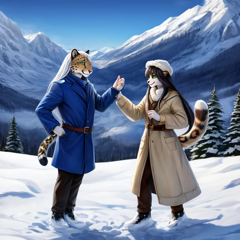 Best quality, One furry anthro Snoow leopard girl, wears blue coat and black farmer, has grey long hair, has green eyes, best eyes, happy expression, standing in the snow, mountain background