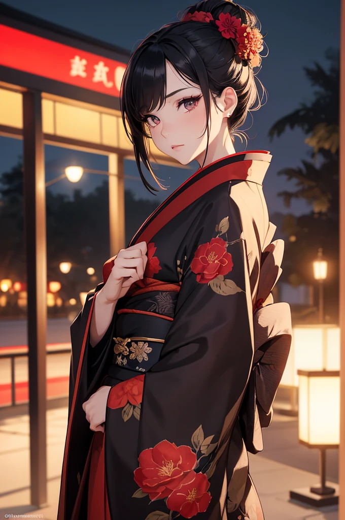 8K, Best Quality, Masterpiece, Ultra High Resolution, 1 Girl, Beautiful Eyes, Face Details, Jet Black Hair, Tied Up Bun Hair, Reddish Brown Eyes, Slim Curvy, Black Kimono, Red Flower Pattern Kimono, Standing Outside at Night, Pale Skin, Masterpiece, Best Quality, Upper Body, Looking at the Viewer, Close Up