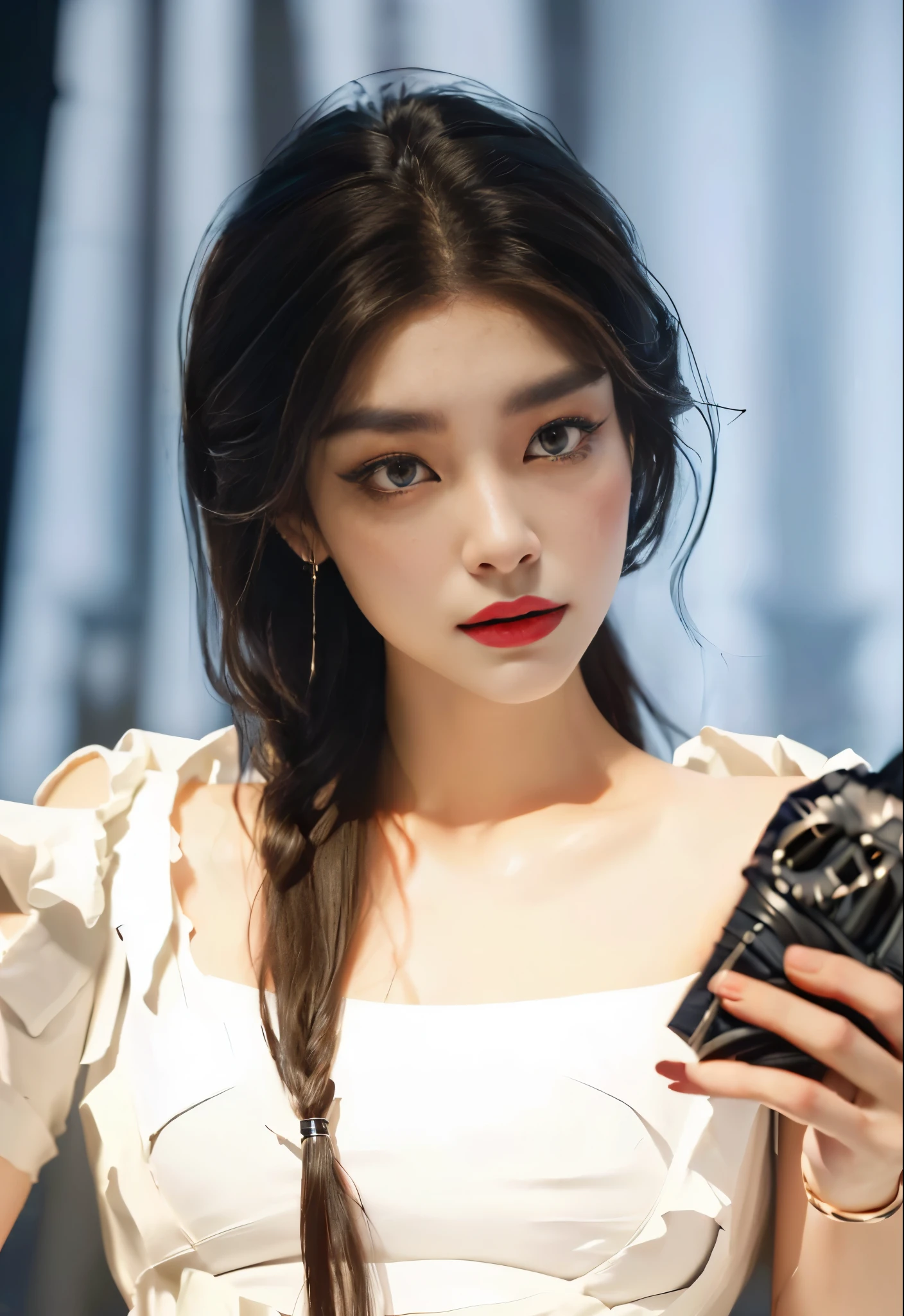 (High resolution,Practical) Long hair girl,skirt, Beautiful demon woman from hell, (in the darkness: 1.6), Very rich facial details,Red-black lips, Shoulder devil tattoo,rugged, Moderate: Detailed facial features, Determine the expression, Dark background,The environment is mysterious and elegant, Model, High contrast required, Jewelry, earrings, miniskirt, shirt, Jacket, brown hair, 白shirt, A bracelet, blue Jacket, skirt, Beautiful demon woman from hell, (in the darkness: 1.6), Surrealist portraits of women by David Hockney and Alphonse Mucha, Fantasy Art, Korean Doll, Photorealism, Dynamic Lighting, Art Station, poster, Volumetric Lighting, Very rich facial details, 8K, in the darkness, Deep Shadows, low pitch, long hair, Black Hair, Luxurious Palace, Royal style, Demon Crown, The red eye makeup is very vivid and detailed, the most beautiful face, Normal breast