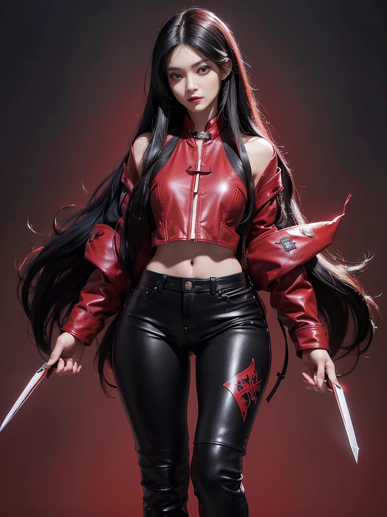 (best quality,4k,high resolution), Cool Girl、((Long straight black hair with red highlights、Red Jacket,Beautifully decorated、Umbilicus、Cross straps、Tight leather pants、))、Full body projection、Buttons、Battle scenes、Sharp eyes、glare、Red Eyeliner、Long eyelashes、Beautiful red eyes、Funny description、Kawaii illustration、Bustling background、