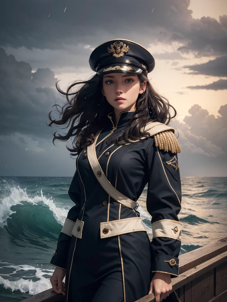 (masterpiece, best quality, The award-winning, High resolution), 1 beautiful woman, Skinny, High, cap, Complex clothing, Complex and beautiful design, Very detailed beautiful face, curls, detailed flowing hair, standing at helm on Corsair, Corsair, storm, rain, stormy sea, Detailed background, Water splash, Extremely detailed CG, Super detailed