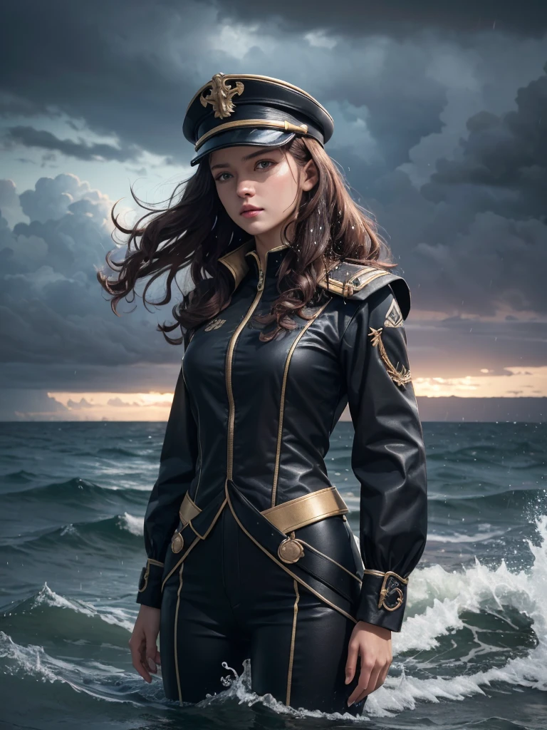 (masterpiece, best quality, The award-winning, High resolution), 1 beautiful woman, Skinny, High, cap, Complex clothing, Complex and beautiful design, Very detailed beautiful face, curls, detailed flowing hair, standing at helm on Corsair, Corsair, storm, rain, stormy sea, Detailed background, Water splash, Extremely detailed CG, Super detailed