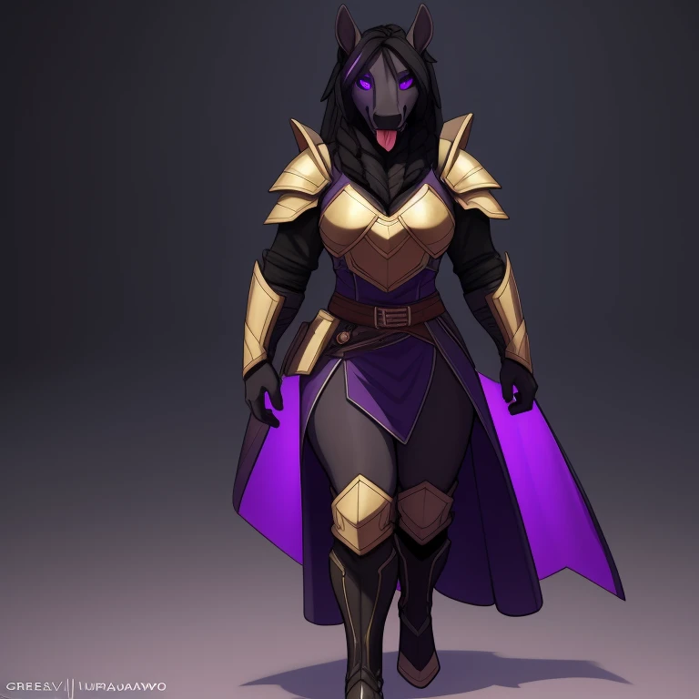 Athletic_horse female black_mane long_single_braid dark_gray_furry_body hypnotized with glowing purple eyes, tongue out, scarred_body heavy_plate_armor surcoat tabard solo Masterpiece best_quality absurdres highly_detailed cleanly_drawn_eyes anthro_only by_claweddrip, by_greasymojo, by_underscore-b, by_runawaystride, walking in four paws