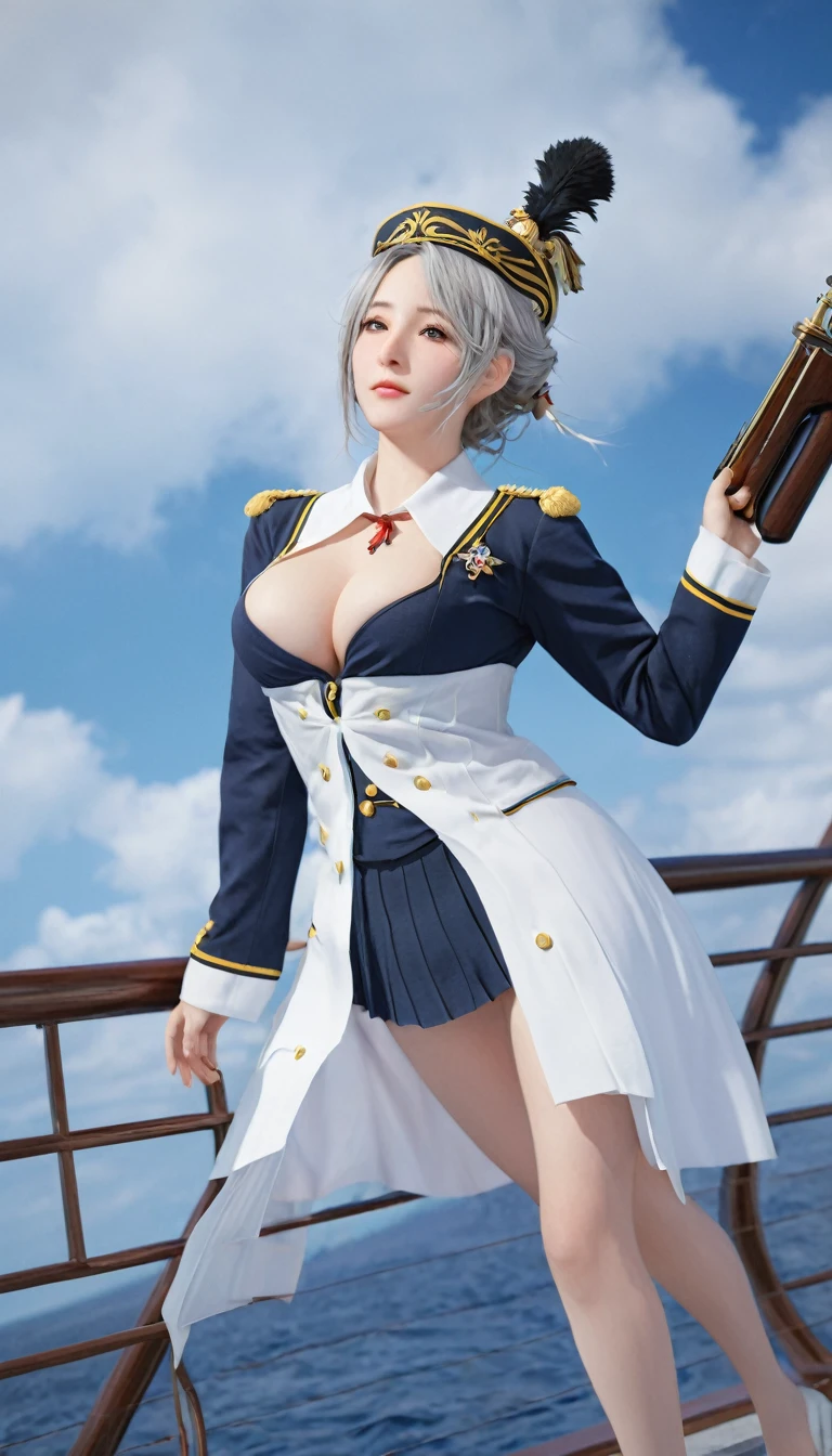 Frederick the Great (Azur Lane:0.5), Breast sagging, Uniform, whole body, (Everlasting), indoors, outdoor, Model shooting style, masterpiece, detailed, high quality, Be focused, Dramatic, Realistic Art, posture, Express, leg, (extremely detailed CG unity 8k wallpaper), Professional Majestic Oil Paintings by Ed Blinkey,