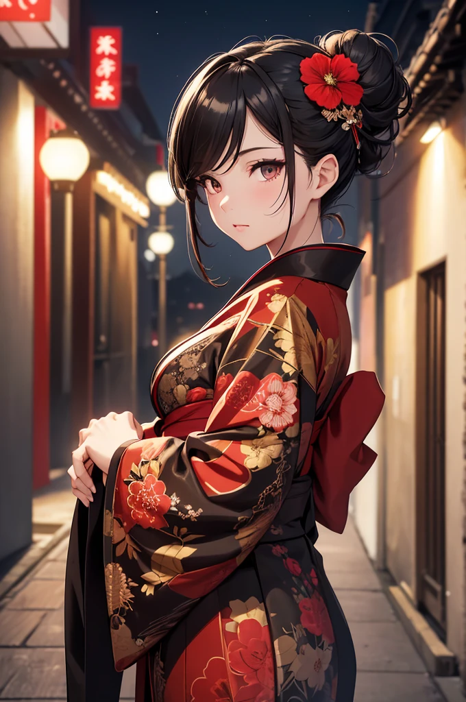 8K, Best Quality, Masterpiece, Ultra High Resolution, 1 Girl, Beautiful Eyes, Face Details, Jet Black Hair, Tied Up Bun Hair, Reddish Brown Eyes, Slim Curvy, Black Kimono, Red Flower Pattern Kimono, Standing Outside at Night, Pale Skin, Masterpiece, Best Quality, Upper Body, Looking at the Viewer, Close Up