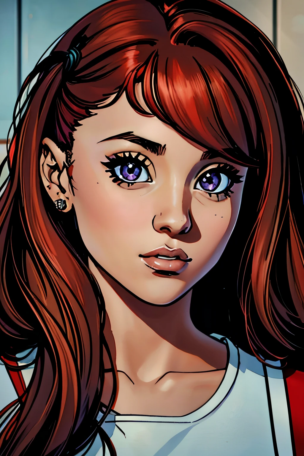 Ariana Grande, red_hair, ponytai, bangs, black_eyes, retrato, portrait, primer plano