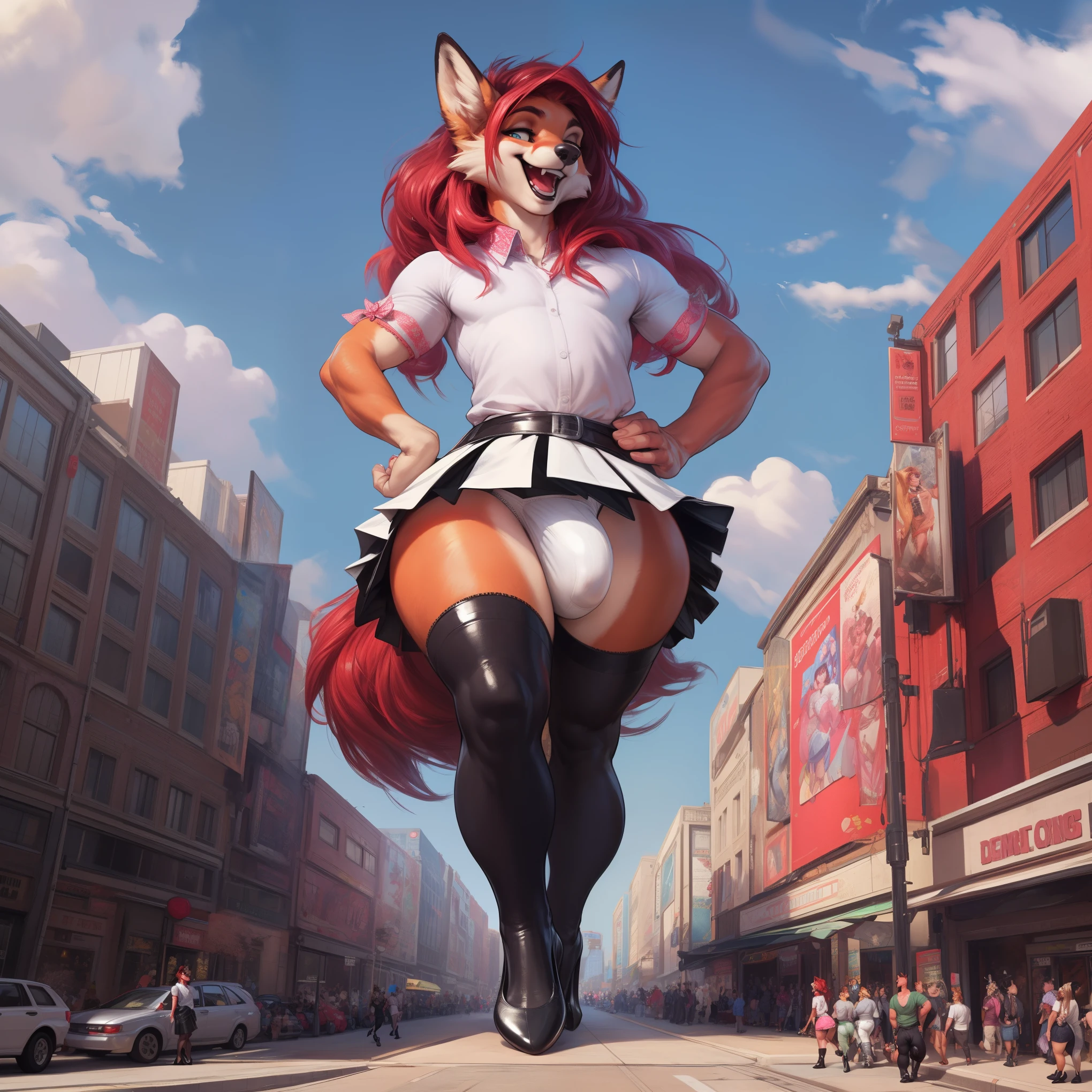 (by darkgem, by boosterpang, by BNG), solo focus, 1boy, male, fox, girly, femboy, long hair, red hair, (hyper hips:1.2), (large bulge), bulgej8, detailed crotch, penis outline, laughing, masterpiece, best quality, photorealistic, hyperrealistic, ultra detailed, detailed eyes, accurate eyes, looking at viewer, detailed background, photo background, digital drawing (artwork), girly, bedroom eyes, breeding request, giant, (giant:1.9), (macro:1.6), cityscape, tiny crowds, walking toward viewer, dressed like a girl, (feminine white blouse), pleated skirt, upskirt, (white panties:1.2), (black pumps:1.5), standing upright, commanding pose, hands on hips,