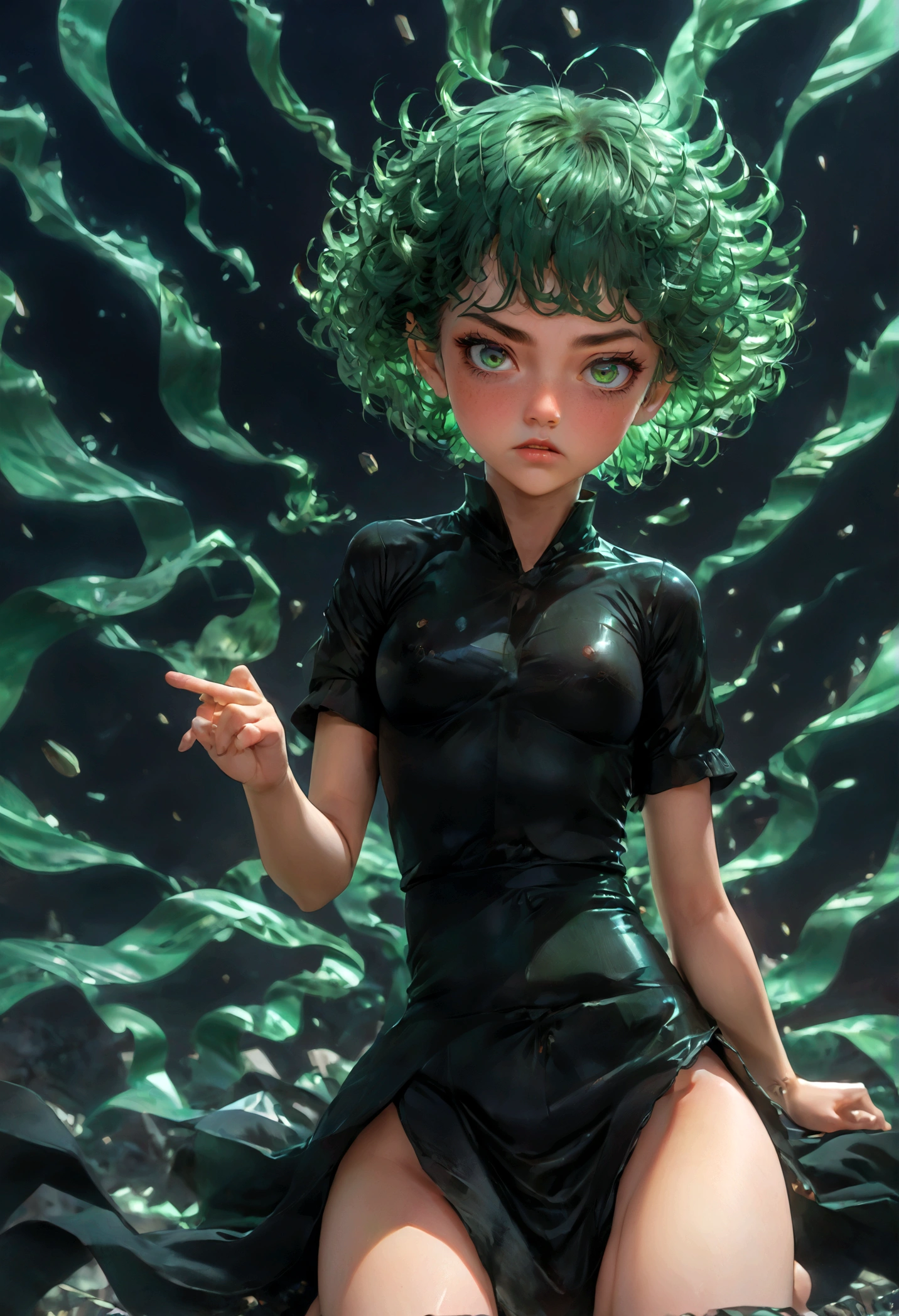 1girl, tatsumaki, green hair, green eyes, black dress, short hair, curly hair, thighs, (Disgusted face), looking at viewer, contempt, shaded, frown, dramatic composition, cinematic dynamic action scene, vibrant colors, cinematic lighting, dramatic lighting, best quality, masterpiece, very aesthetic, perfect composition, intricate details, ultra-detailed