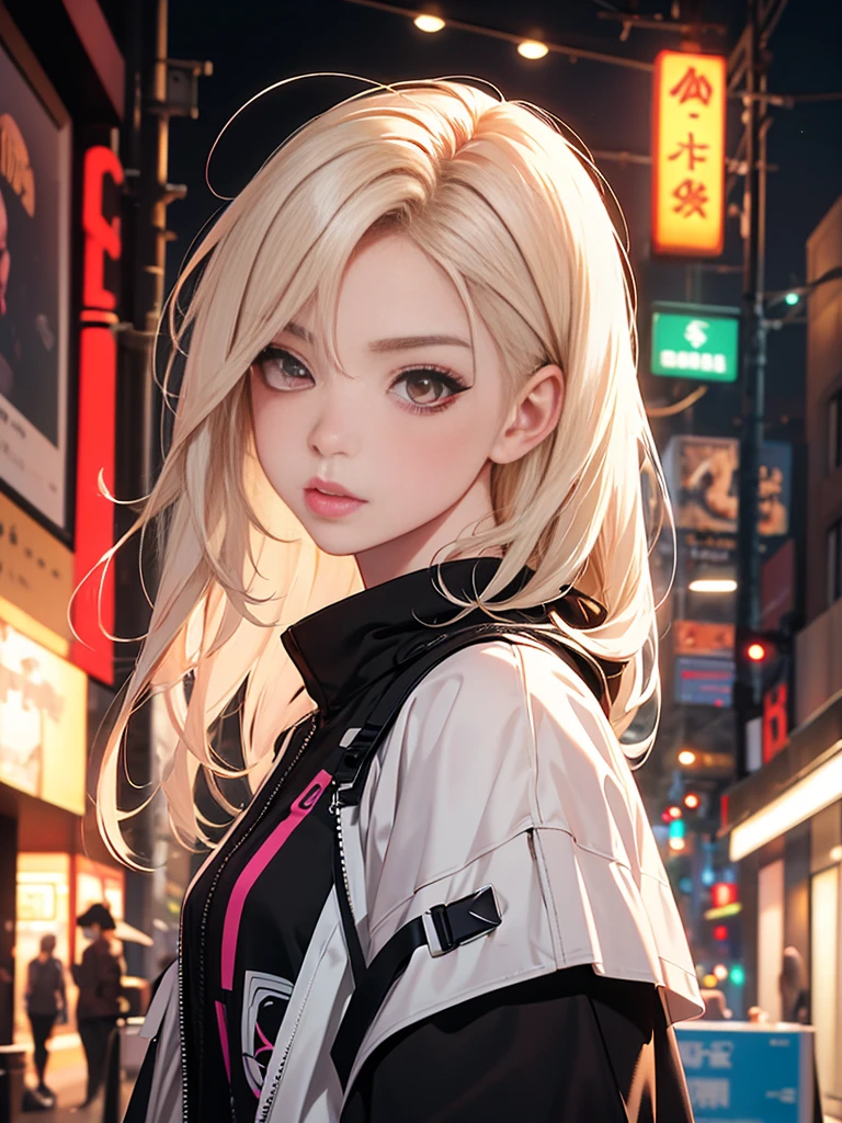 optimal,masterpiece,High resolution,Best quality,Ultra HD,Super Detail,The award-winning,16K,solo,(Upper part of the body),Anatomically correct,Beautiful cyberpunk girl,cute face,,Beige Gradient Hair,hairline,((Scarlet eyes)),Long eyelashes,Drooping corners of the eyes,White skin,(Kobayashi body),((Women's ultra short shawl leather jacket)),((Racing_Set)),((Front high back low_long skirt)),Earrings,(Neck Ring),(Laser material clothing:1.2)
