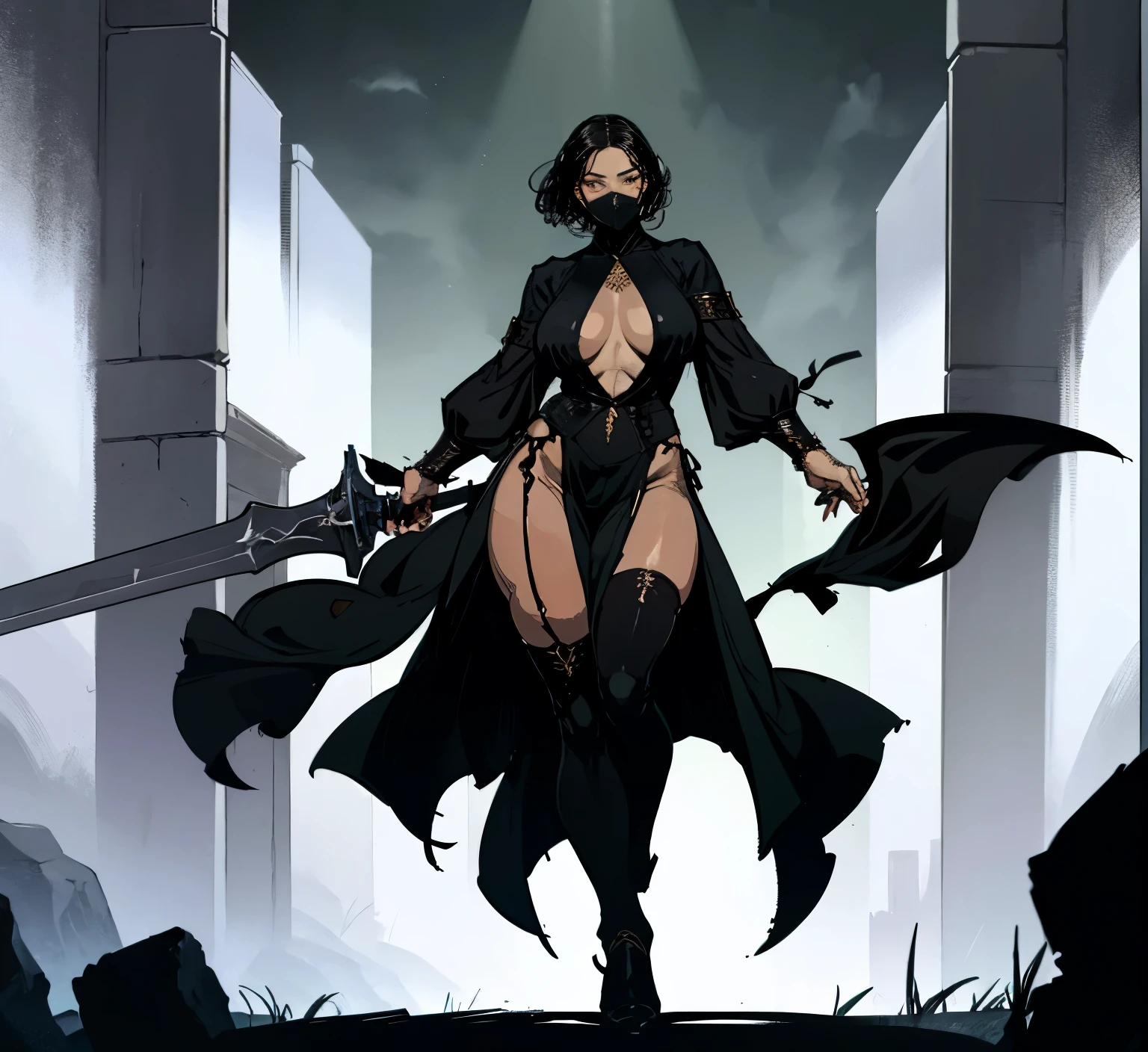 masterpiece, The goddess of executioners. Dark closed clothes, covered face, muscular female, a monstrously huge sword ((better quality)) ((better face)) (better quality) ((fullbody art))