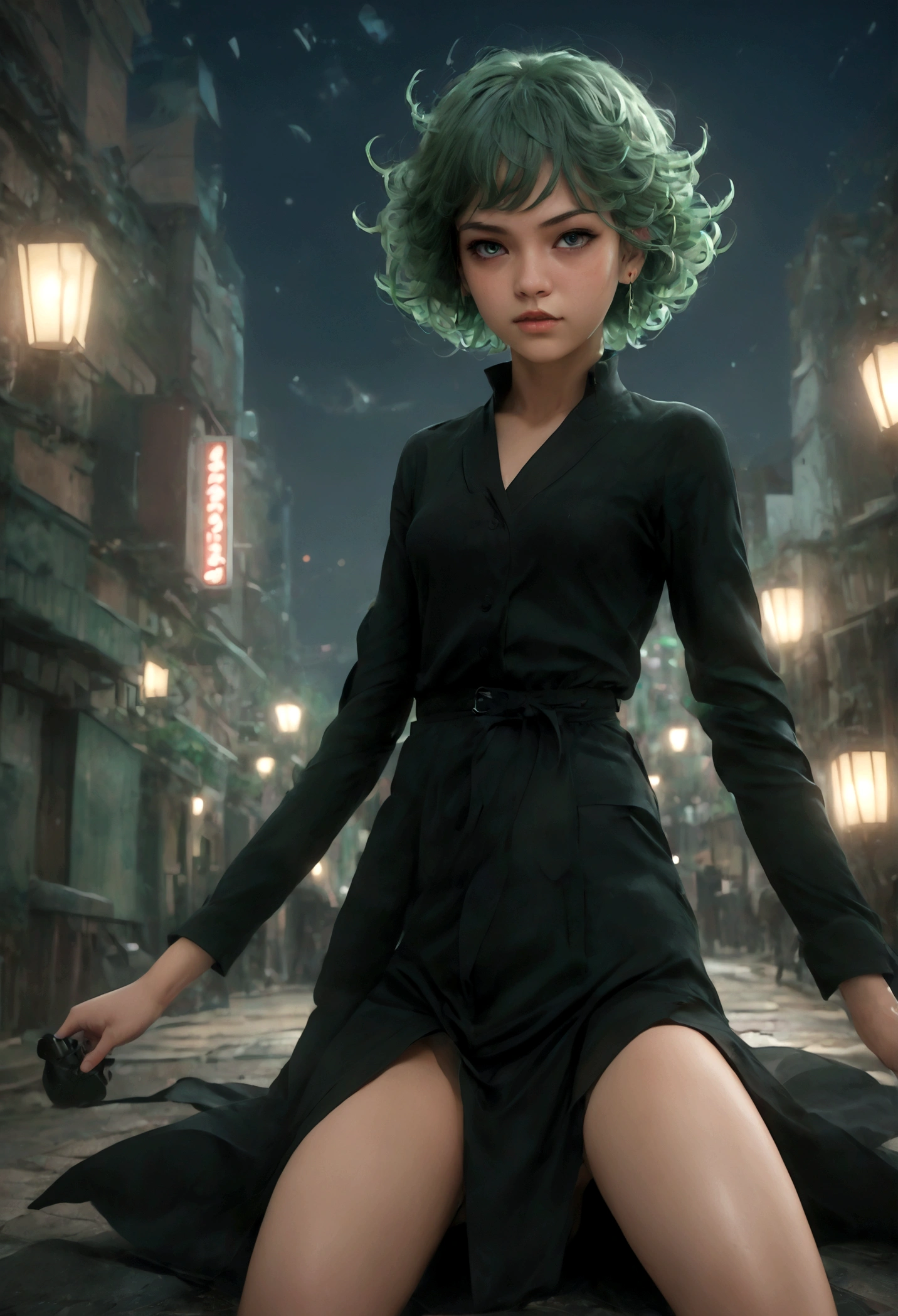 1girl, tatsumaki, green hair, green eyes, black dress, short hair, curly hair, thighs, (Disgusted face), looking at viewer, contempt, shaded, frown, dramatic composition, cinematic dynamic action scene, vibrant colors, cinematic lighting, dramatic lighting, best quality, masterpiece, very aesthetic, perfect composition, intricate details, ultra-detailed