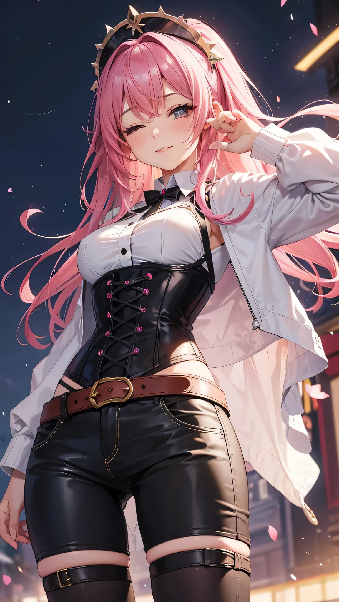 A young 16 year old girl with vibrant pink hair, vestida con un abrigo oscuro y una camisa blanca, with a corset and several belts, pantalones cortos negros y medias hasta el muslo, y botas marrones. The woman has her eyes closed and an expression of gratitude and happiness on her face, ropa muy corta y delgada, le agrada mostrar su cuerpo, chica empoderada, le gusta mostrar su hermoso cuerpo sexualizado porque es muy bella.