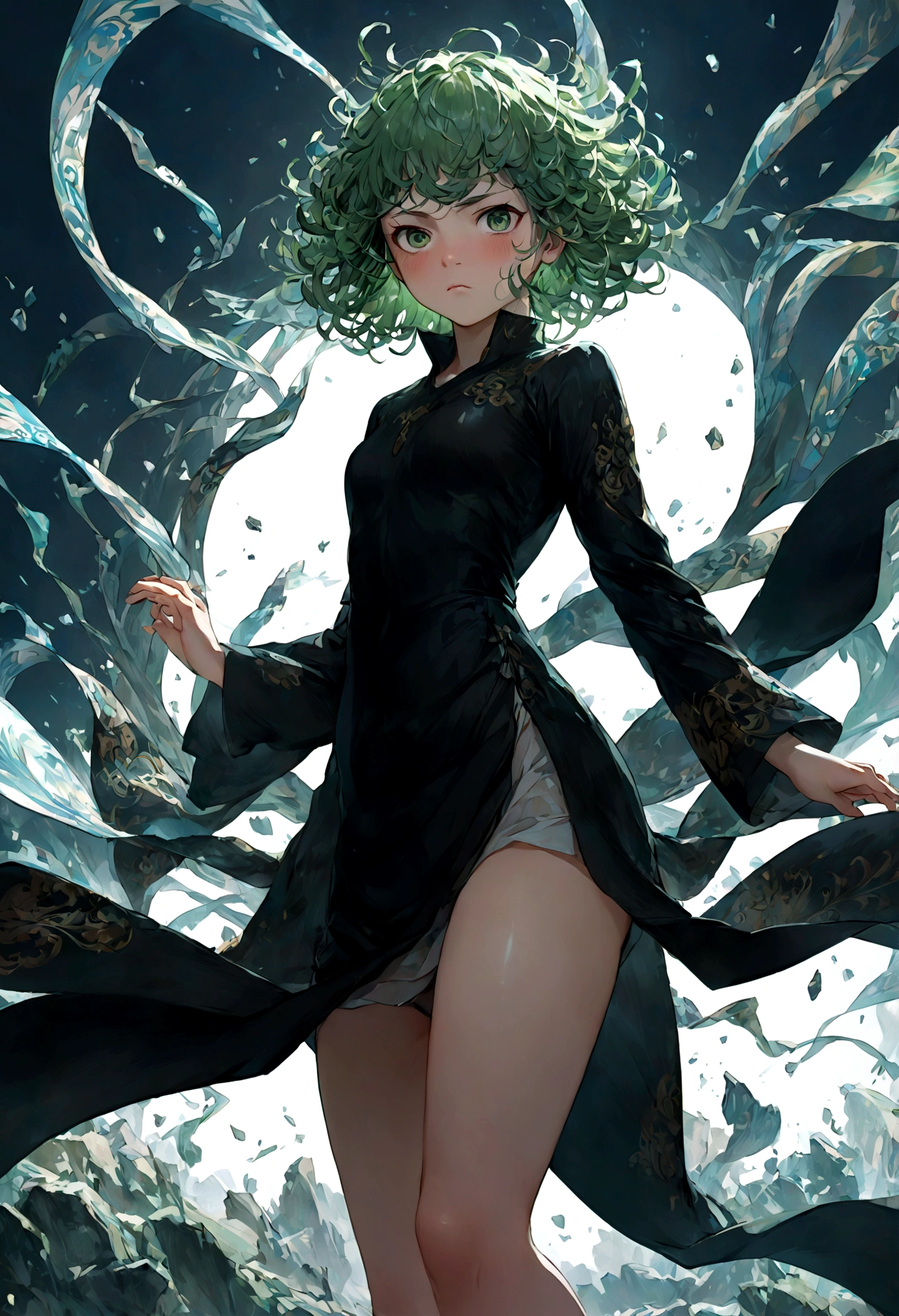 1girl, tatsumaki, green hair, green eyes, black dress, short hair, curly hair, thighs, (Disgusted face), looking at viewer, contempt, shaded, frown, dramatic composition, cinematic dynamic action scene, vibrant colors, cinematic lighting, dramatic lighting, best quality, masterpiece, very aesthetic, perfect composition, intricate details, ultra-detailed