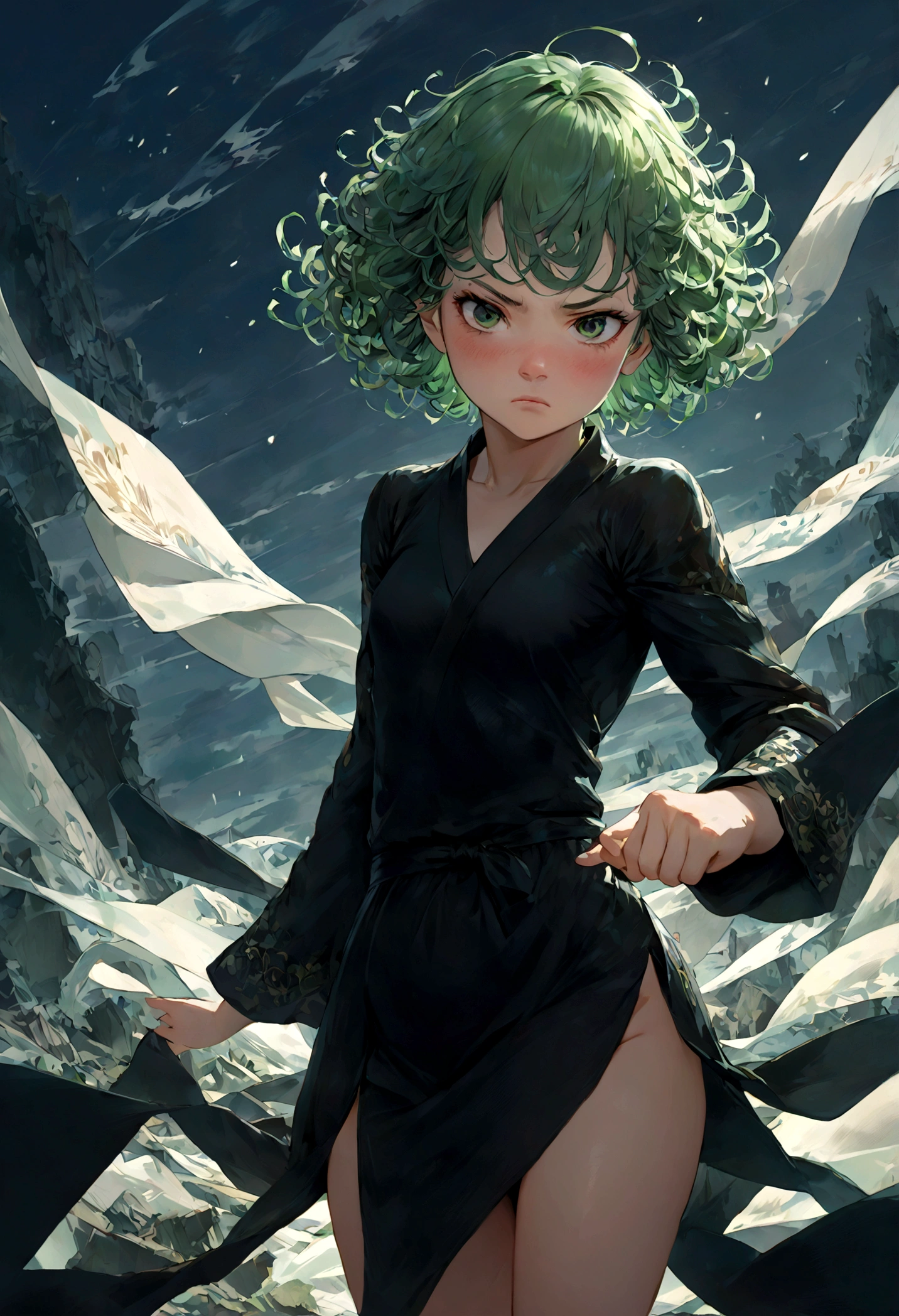 1girl, tatsumaki, green hair, green eyes, black dress, short hair, curly hair, thighs, (Disgusted face), looking at viewer, contempt, shaded, frown, dramatic composition, cinematic dynamic action scene, vibrant colors, cinematic lighting, dramatic lighting, best quality, masterpiece, very aesthetic, perfect composition, intricate details, ultra-detailed