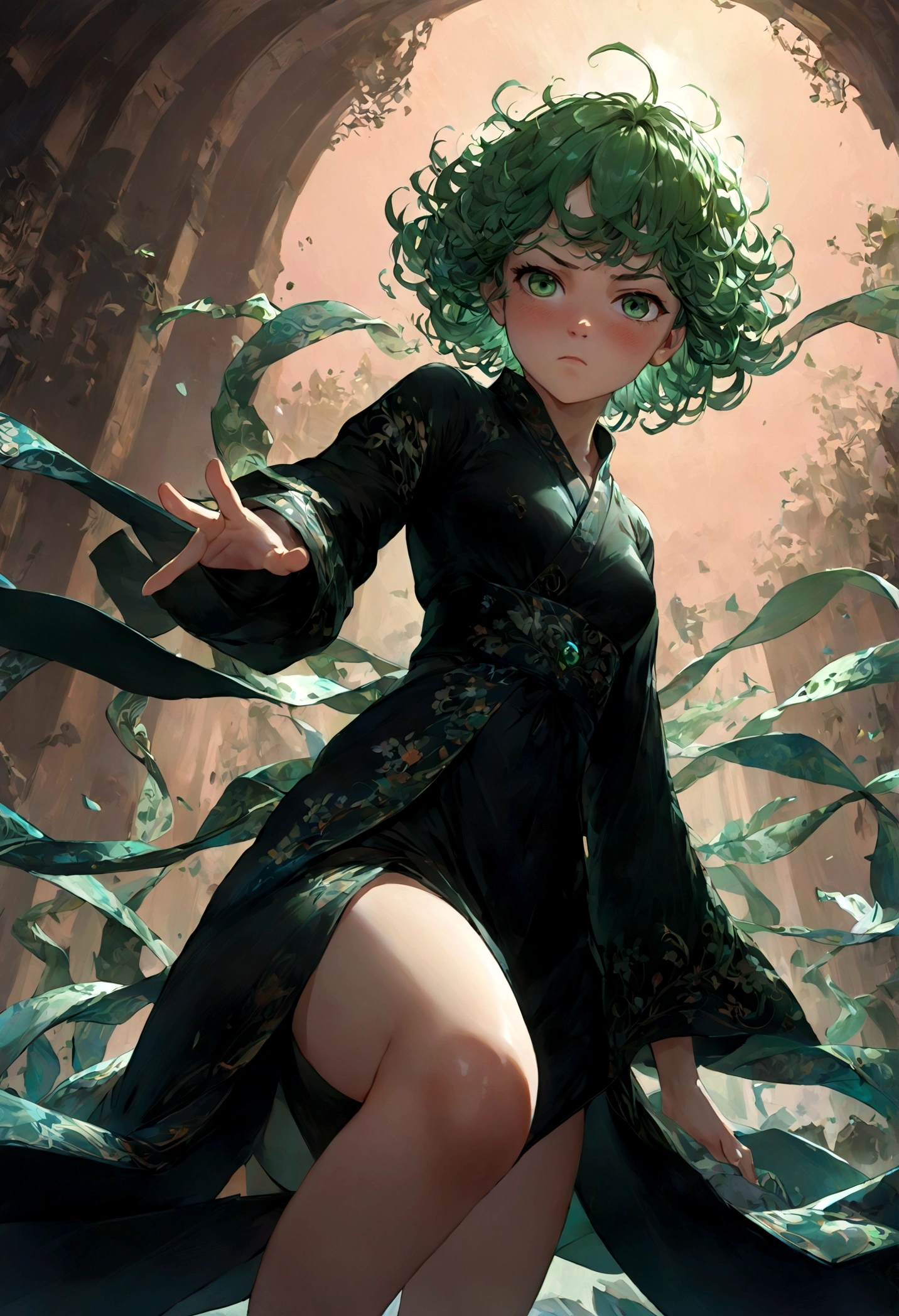 1girl, tatsumaki, green hair, green eyes, black dress, short hair, curly hair, thighs, (Disgusted face), looking at viewer, contempt, shaded, frown, dramatic composition, cinematic dynamic action scene, vibrant colors, cinematic lighting, dramatic lighting, best quality, masterpiece, very aesthetic, perfect composition, intricate details, ultra-detailed