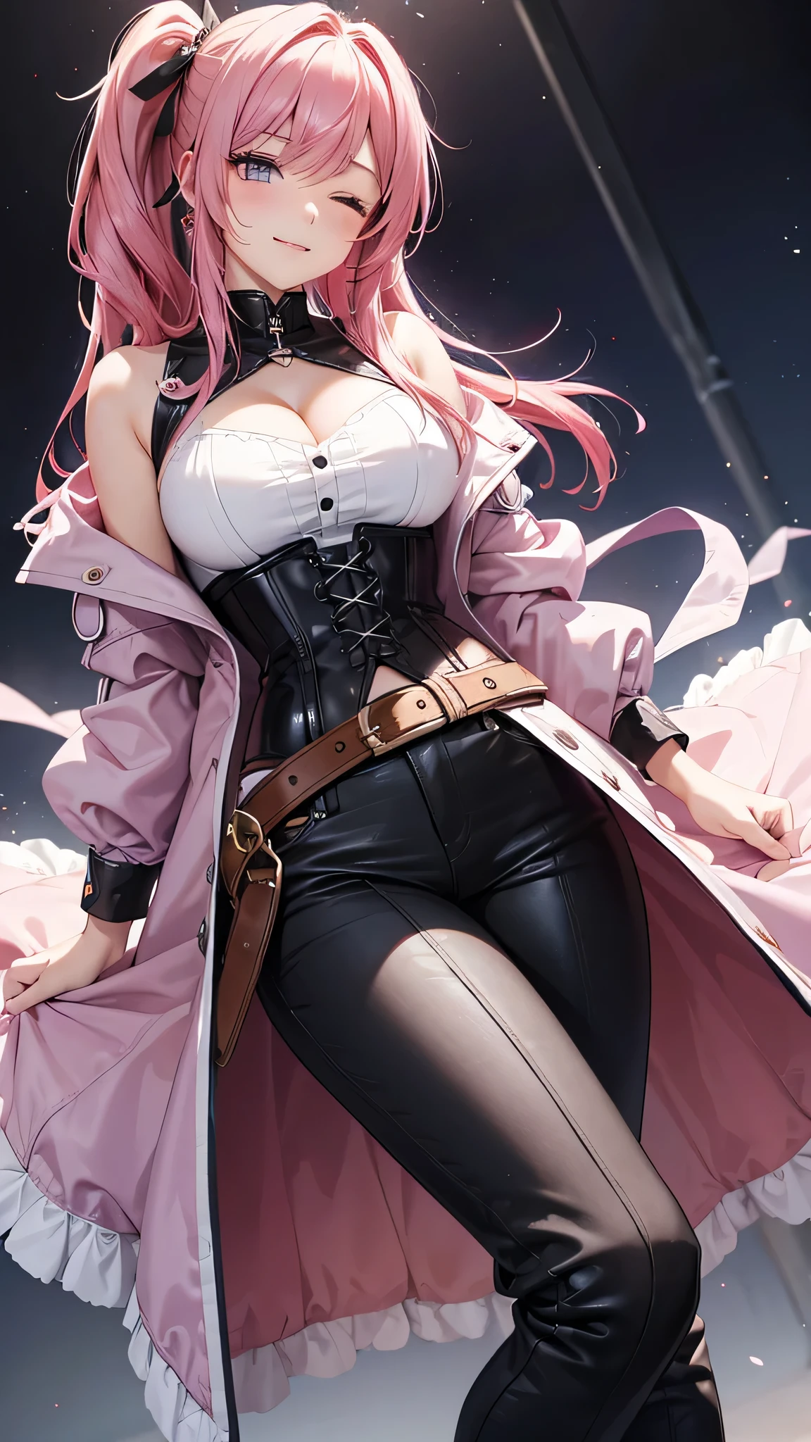 A young 16 year old girl with vibrant pink hair, vestida con un abrigo oscuro y una camisa blanca, with a corset and several belts, pantalones cortos negros y medias hasta el muslo, y botas marrones. The woman has her eyes closed and an expression of gratitude and happiness on her face, ropa muy corta y delgada, le agrada mostrar su cuerpo, chica empoderada, le gusta mostrar su hermoso cuerpo sexualizado porque es muy bella.