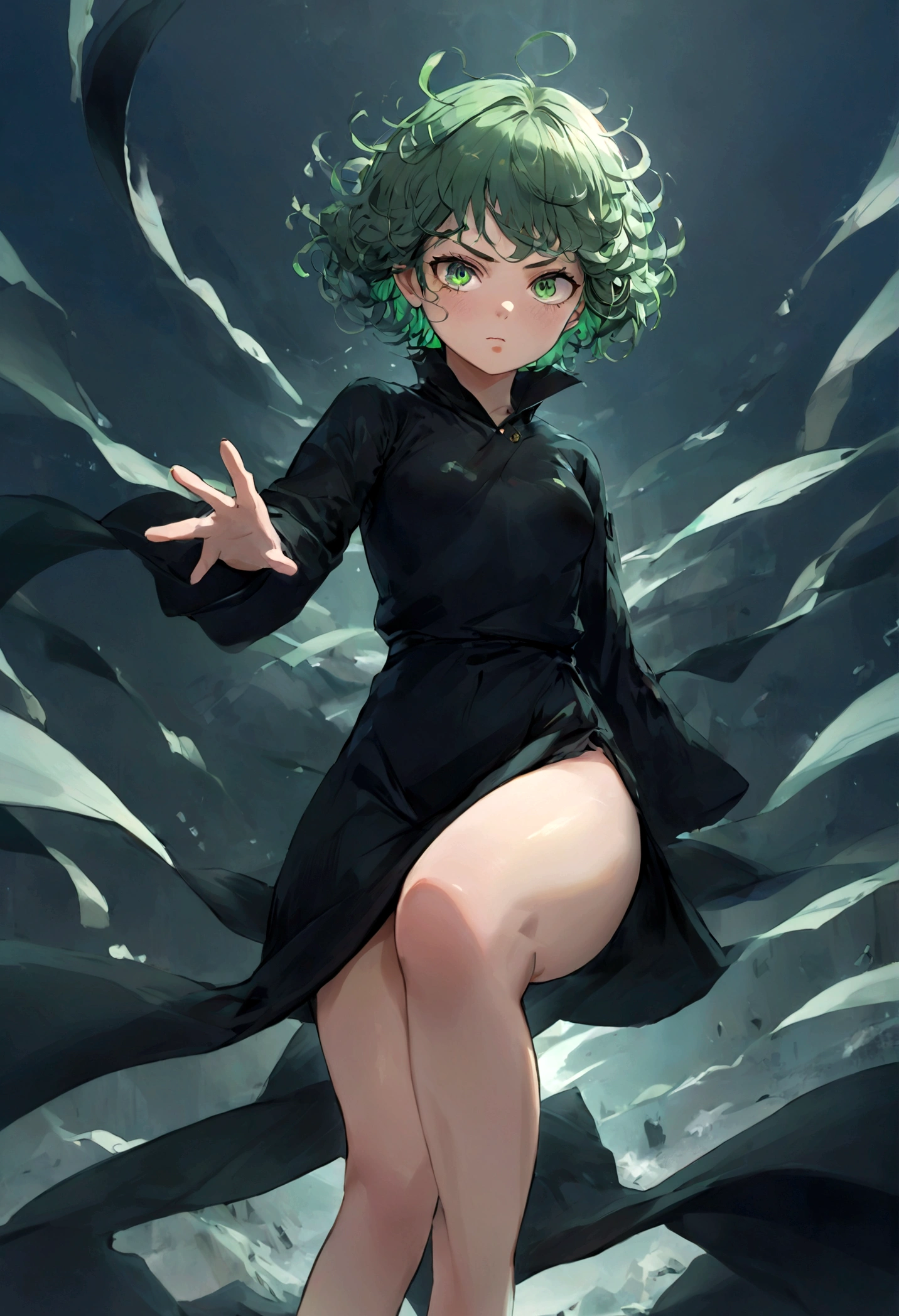 1girl, tatsumaki, green hair, green eyes, black dress, short hair, curly hair, thighs, (Disgusted face), looking at viewer, contempt, shaded, frown, dramatic composition, cinematic dynamic action scene, vibrant colors, cinematic lighting, dramatic lighting, best quality, masterpiece, very aesthetic, perfect composition, intricate details, ultra-detailed