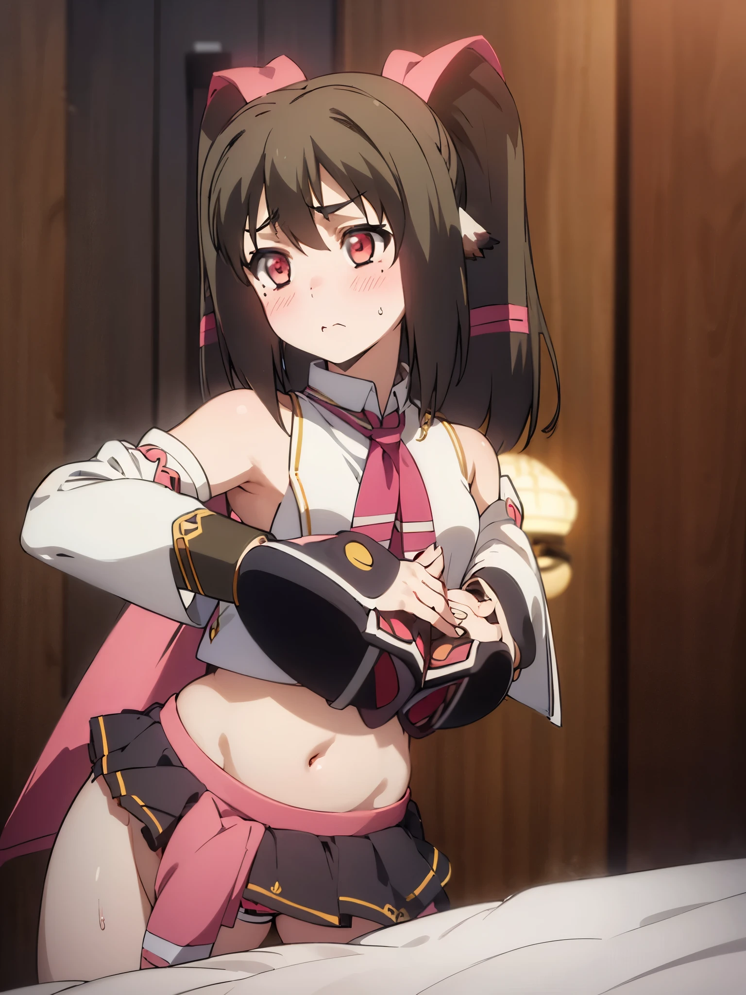 NSFW,What is being sung,(One girl:1.5),Nekone、Long Hair、Brown Hair、(Red Eye:1.3),(Prostitute:1.5)(slave:1.5),,ribbon、Animal Ears、Twin tails、ヘアribbon、Mole、目の下のMole、tail,Micro Mini Skirt,Removable sleeve,Off the shoulder,Bare shoulders,High-quality lingerie,Navel exposed,Embarrassed,blush,Frightened face,indoor,(Perfect hands),(Perfect Anatomy),(masterpiece),(highest quality),Leg spread