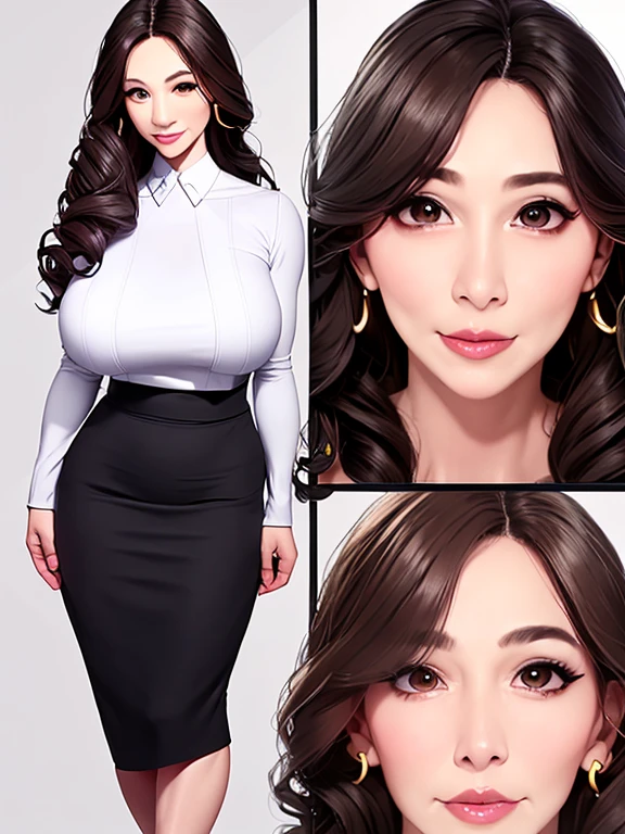 55 years old、Mature Woman、Sexy look、Pencil Skirt、High heels、(full body:1.5),
(multiple views, split view:1.2), (close-up face, Close-up of profile:1.1),、Beautiful face、Realistic facial wrinkles、Beautiful long hair、Curly Hair、