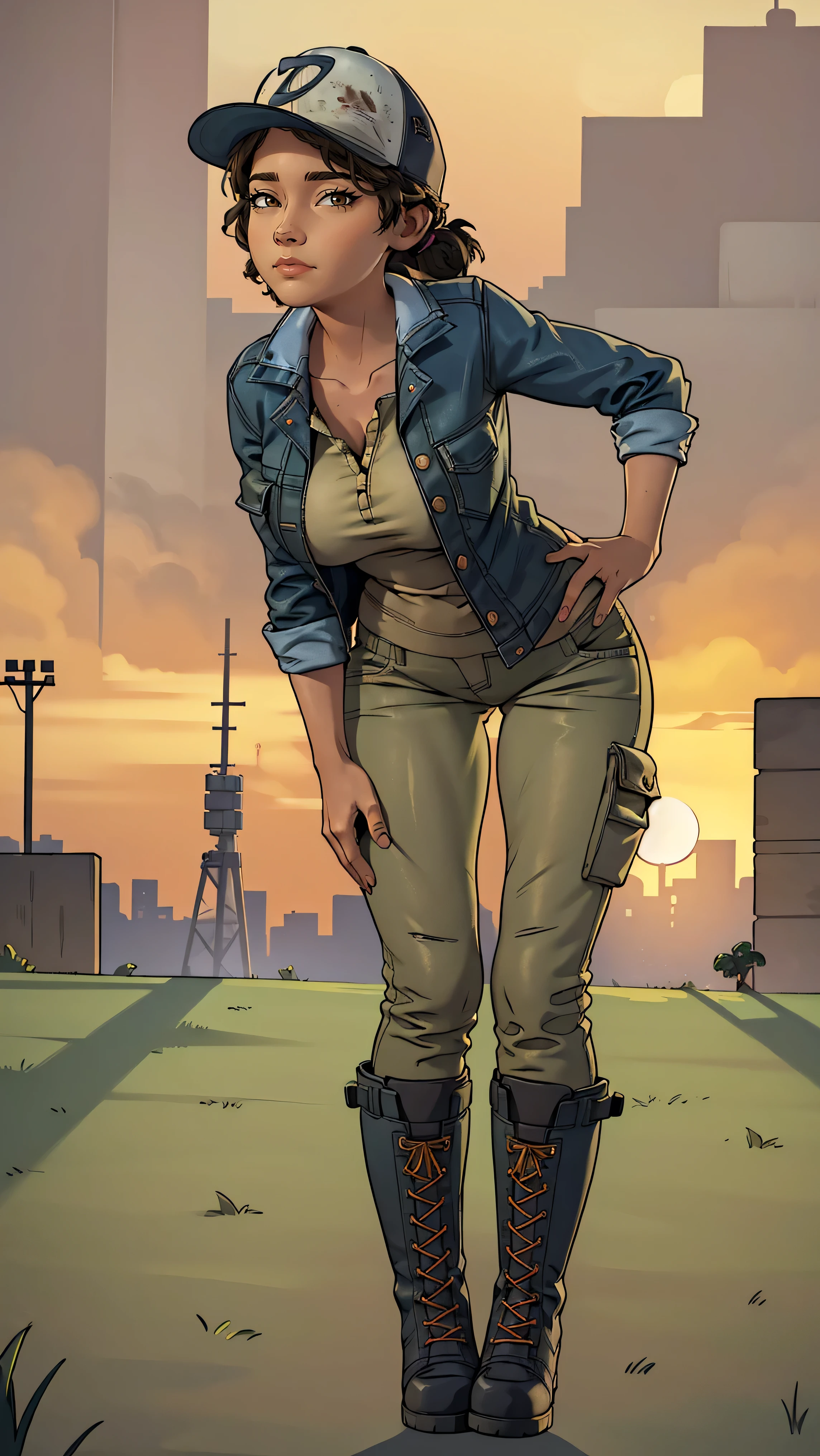 ((masterpiece, best quality)),(complex lighting) ,solo,(((1girl))) ,clementine, light skin,light-skinned female, baseball cap, green cargo pants, brown eyes, tight pants, combat boots, shirt, short hair, one short ponytail, open denim jacket, huge butt, thicc butt , (((8k))), (((full body))), (((bent over))), (((looking at the viewer))), (((view from in front of her))), big breasts