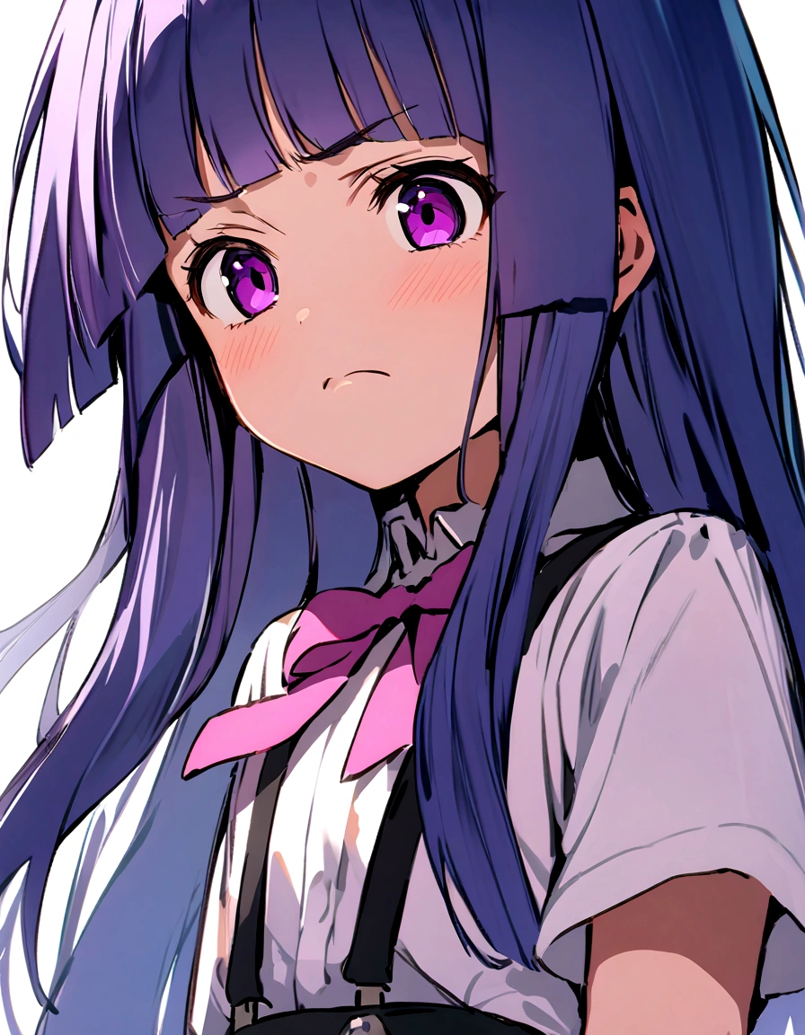 Frowning, disgusted look, Little, One girl, (furude rika), blue hair, purple eyes, long hair, blunt bangs, bangs, white shirt, pink bow, suspenders, black skir,