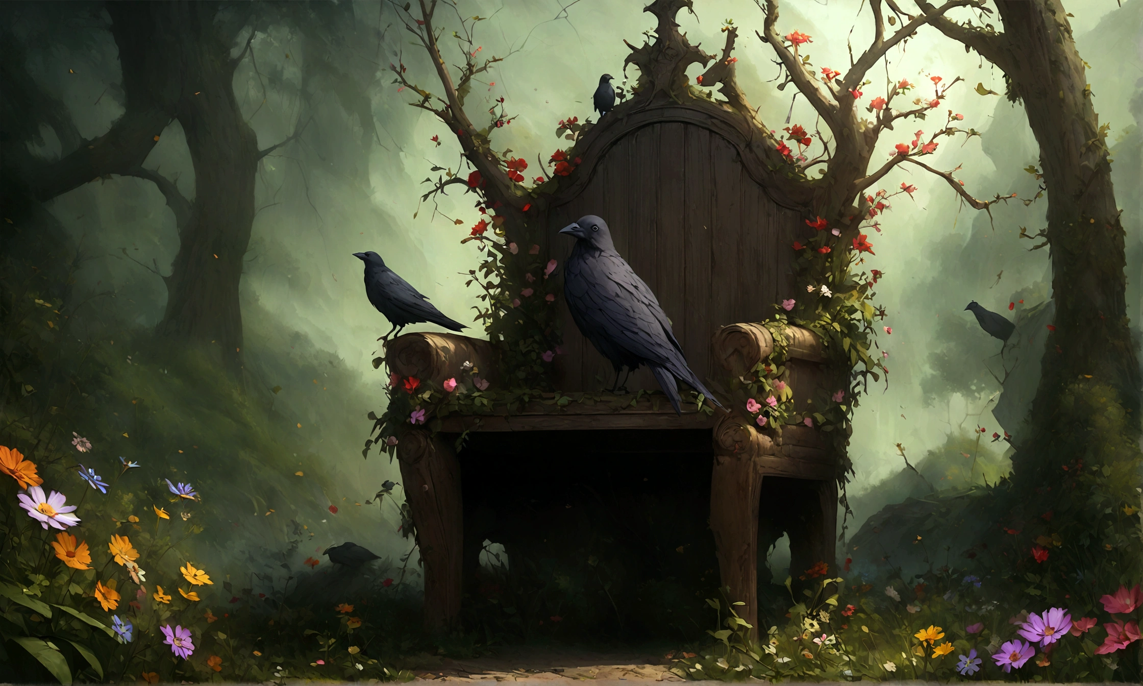 Gothic chair with branches, wildflowers. A crow. A garden. In the style of Martin Rak, Alex Timmerman. Surreal photography, highly detailed, cinematic photography, macro lens, hyperrealistic photography, world - winning photography, poster design, trending on artstation --s 750
