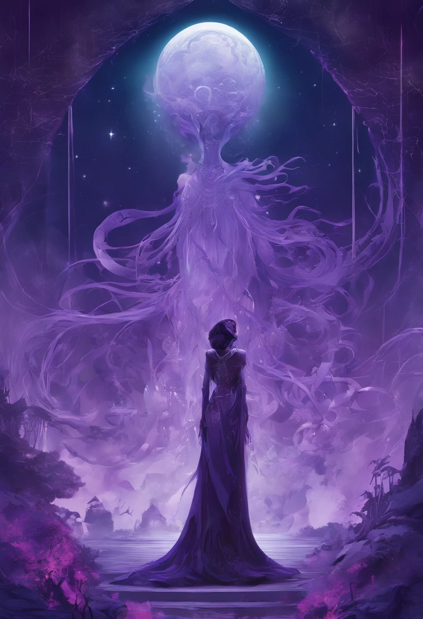 purple and black image of a woman in a dress with a full moon in the background, jellyfish priestess, jellyfish shrine maiden, jellyfish god, statue made of glass, octopus goddess, lunar goddess, large translucent art statues, yoshitaka amano octane render, mindflayer, moon goddess, extremely detailed goddess shot, ethereal essence, astral ethereal