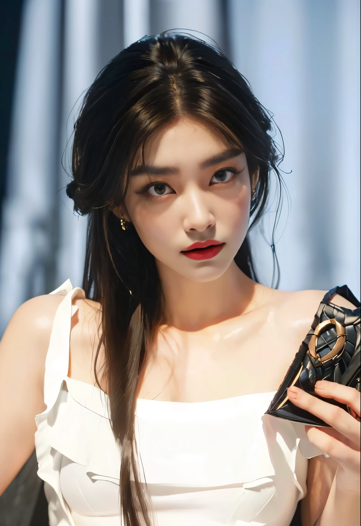 (High resolution,Practical) Long hair girl,skirt, Beautiful demon woman from hell, (in the darkness: 1.6), Very rich facial details,Red-black lips, Shoulder devil tattoo,rugged, Moderate: Detailed facial features, Determine the expression, Dark background,The environment is mysterious and elegant, Model, High contrast required, Jewelry, earrings, miniskirt, shirt, Jacket, brown hair, 白shirt, A bracelet, blue Jacket, skirt, Beautiful demon woman from hell, (in the darkness: 1.6), Surrealist portraits of women by David Hockney and Alphonse Mucha, Fantasy Art, Korean Doll, Photorealism, Dynamic Lighting, Art Station, poster, Volumetric Lighting, Very rich facial details, 8K, in the darkness, Deep Shadows, low pitch, long hair, Black Hair, Luxurious Palace, Royal style, Demon Crown, The red eye makeup is very vivid and detailed, the most beautiful face, Normal breast