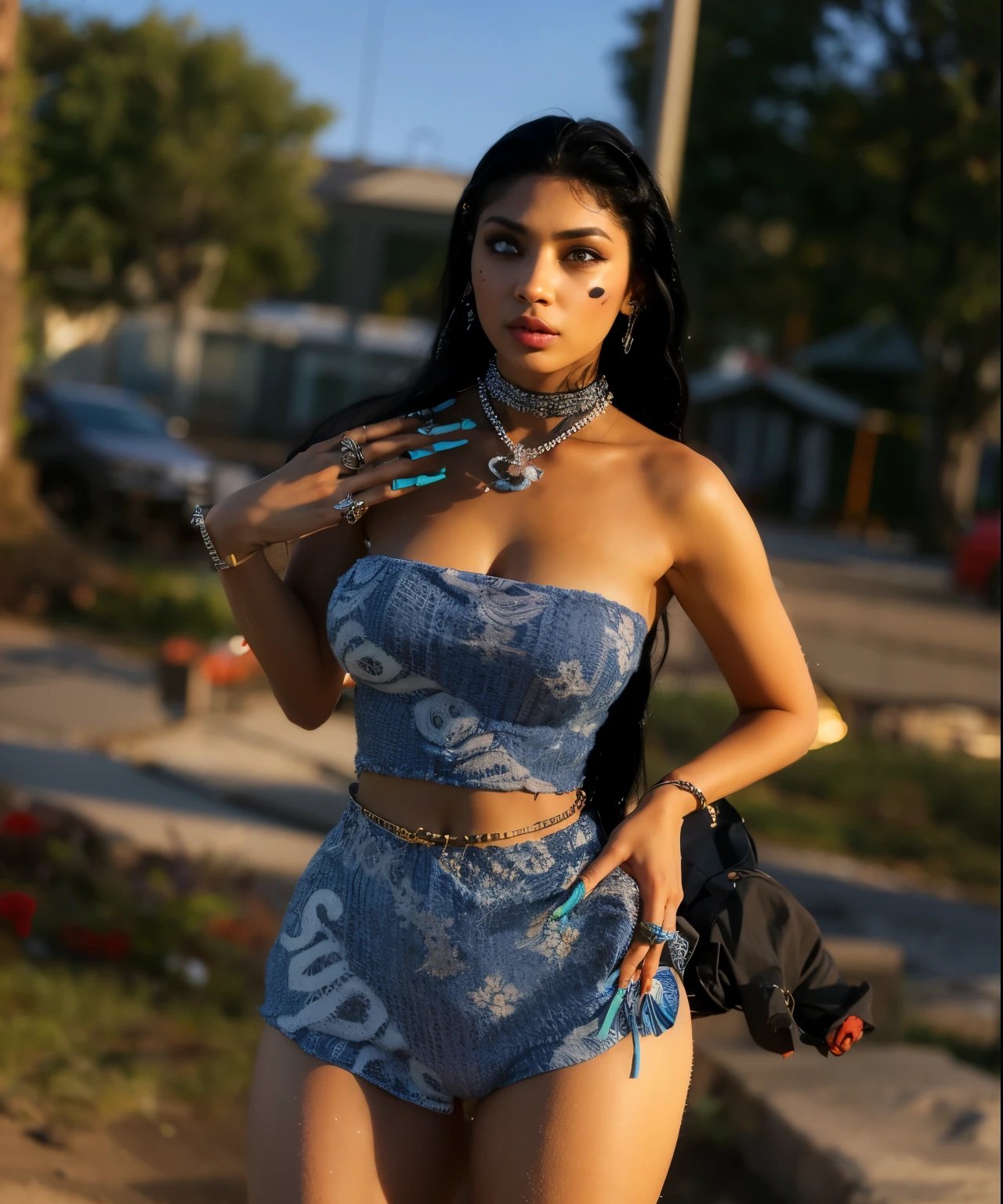 light skin lady with black hair with face tattoo wearing blue supreme top and bottom wearing jewelry and long blue nails